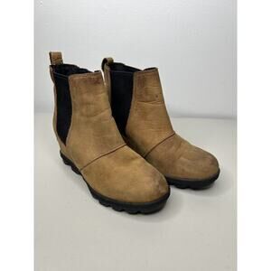 Sorel Joan of Arctic Wedge Chelsea Boots Tan Suede Leather Women’s Size 6.5